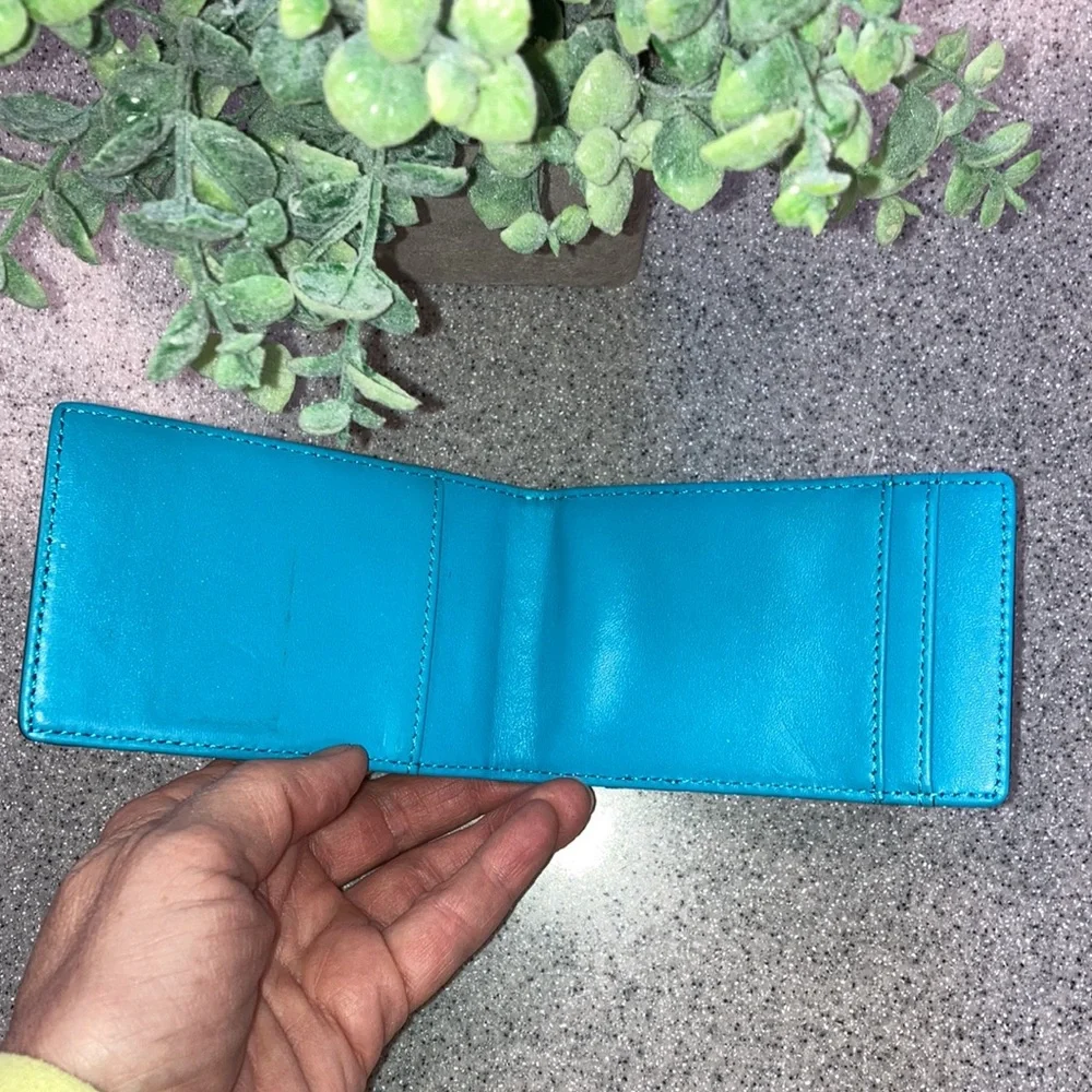 FORREST & HAROLD folding card holder leather wallet in brown/aqua No money clip